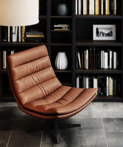 FOTEL OBROTOWY tapicerowany brązową ekoskórą, piękne poziome przeszycia, czarne stalowe nogi