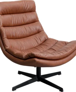 FOTEL OBROTOWY tapicerowany brązową ekoskórą, piękne poziome przeszycia, czarne stalowe nogi, piękny