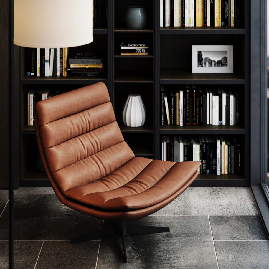 FOTEL OBROTOWY tapicerowany brązową ekoskórą, piękne poziome przeszycia, czarne stalowe nogi FOTEL OBROTOWY tapicerowany brązową ekoskórą, piękne poziome przeszycia, czarne stalowe nogi