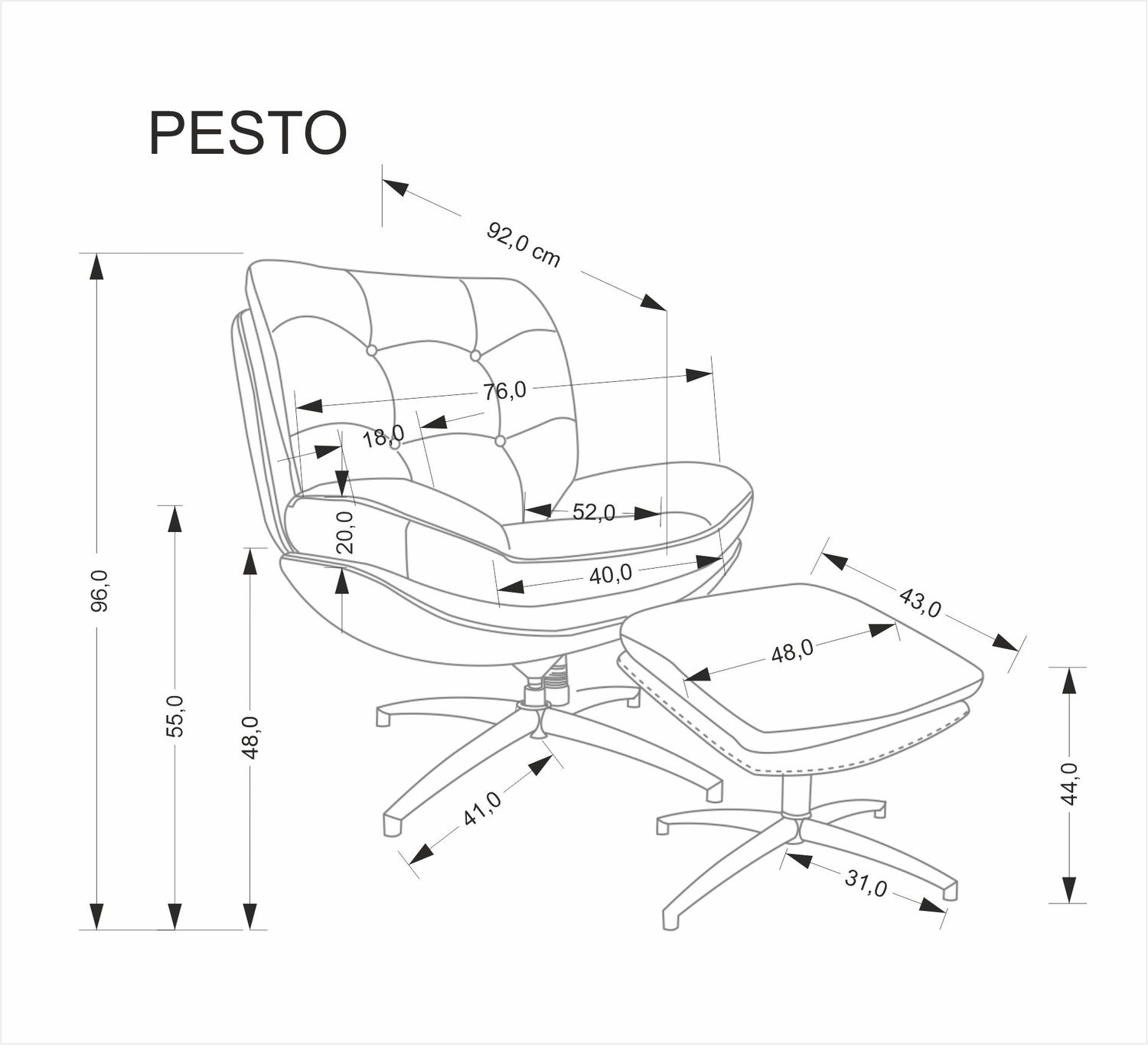 FOTEL Pesto z podnóżkiem, obrotowy z funkcją kołyski, czarne nogi, popielata tapicerka, wygodny, nowoczesny styl, wymiary