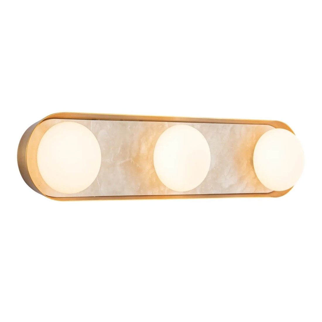 KINKIET Alonso z 3 źródłami światła, podłużny, mleczne klosze, centralny panel a alabastru, metalowa ramka w vintage mosiądzu