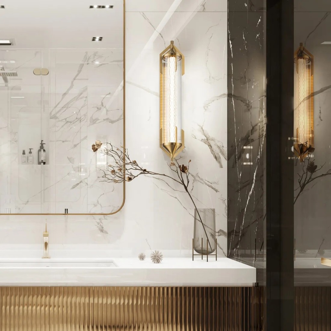 KINKIET Espada szczotkowane złoto, metalowe zakończenie w formie „płetwy ogonowej”, szklany centralny cylinder, do łazienki KINKIET Espada szczotkowane złoto, metalowe zakończenie w formie „płetwy ogonowej”, szklany centralny cylinder, do łazienki