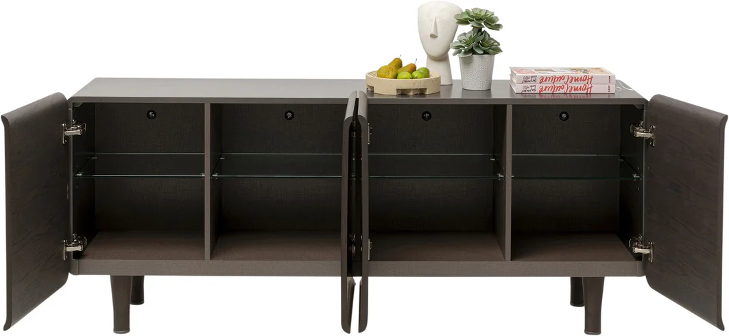 KOMODA Divine podłużna, 4-drzwiowa, szklane półki wewnątrz, ciemno brązowa kolorystyka, nowoczesny styl, ekskluzywna