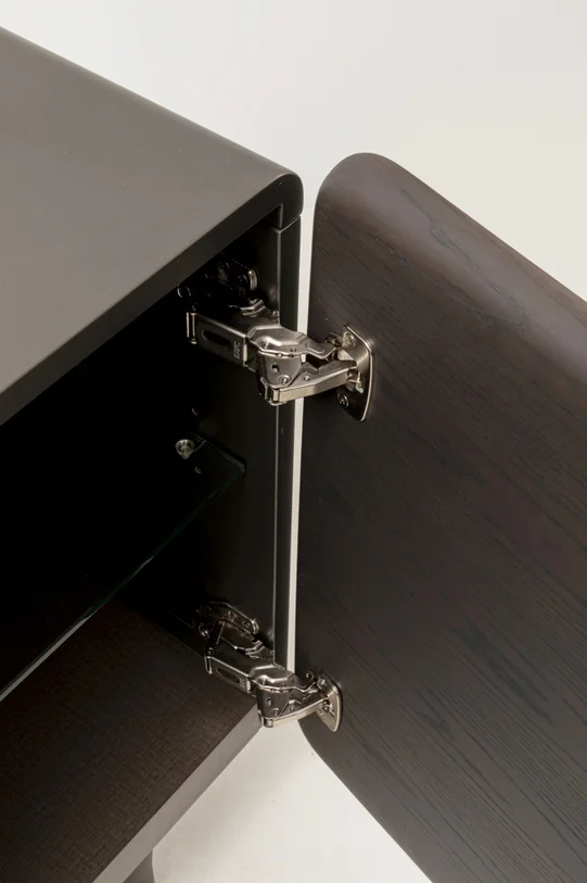 KOMODA Divine podłużna, 4-drzwiowa, szklane półki wewnątrz, ciemno brązowa kolorystyka, nowoczesny styl, najwyższe wykonanie