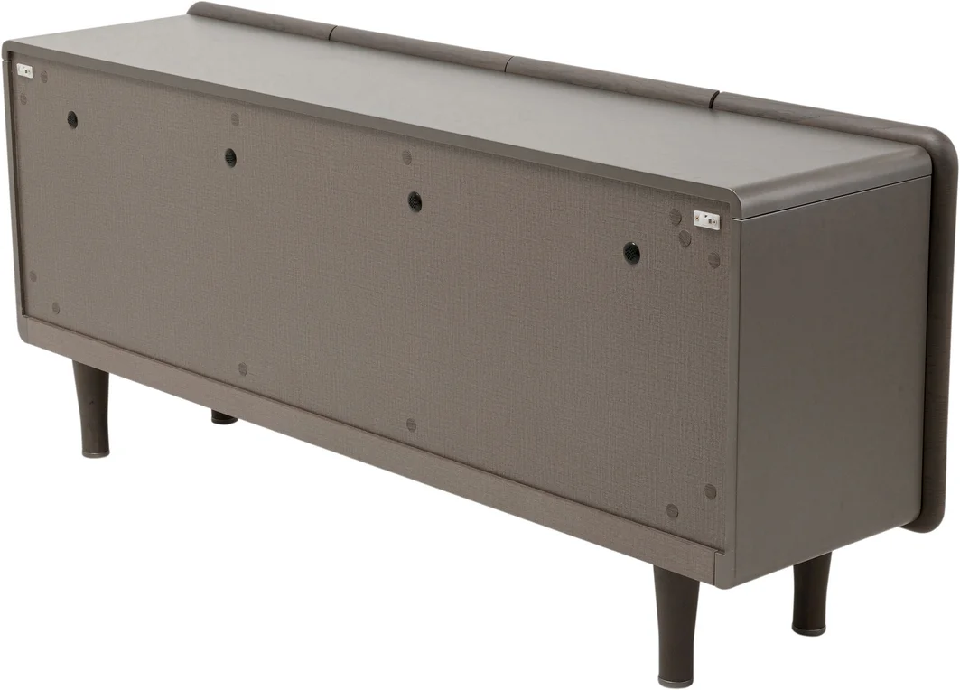 KOMODA Divine podłużna, 4-drzwiowa, szklane półki wewnątrz, ciemno brązowa kolorystyka, nowoczesny styl, premium