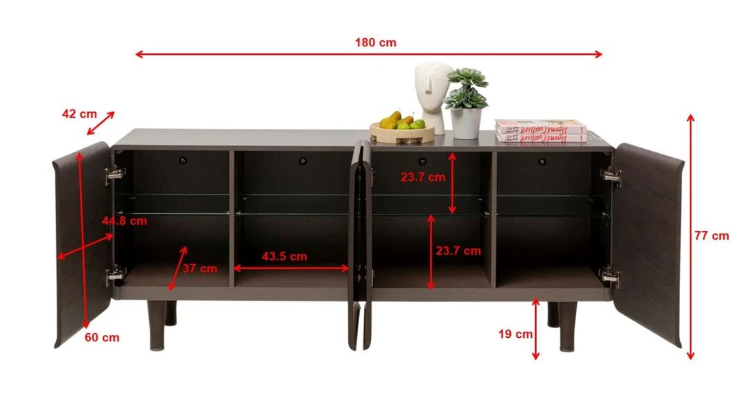 KOMODA Divine podłużna, 4-drzwiowa, szklane półki wewnątrz, ciemno brązowa kolorystyka, nowoczesny styl, wymiary