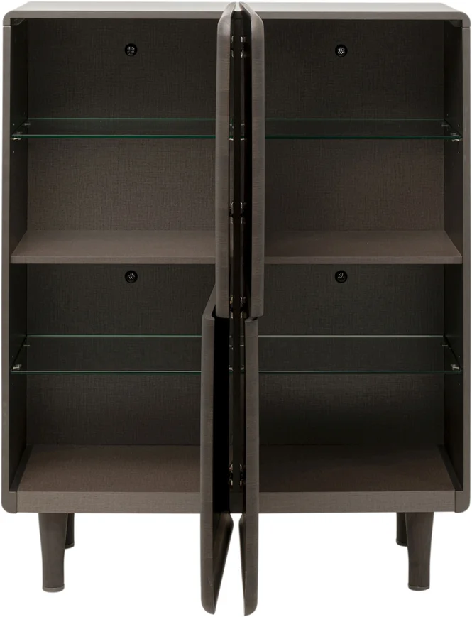 KOMODA Divine wysoka, 4-drzwiowa, szklane półki wewnątrz, ciemno brązowa kolorystyka, nowoczesny styl, wyjątkowa