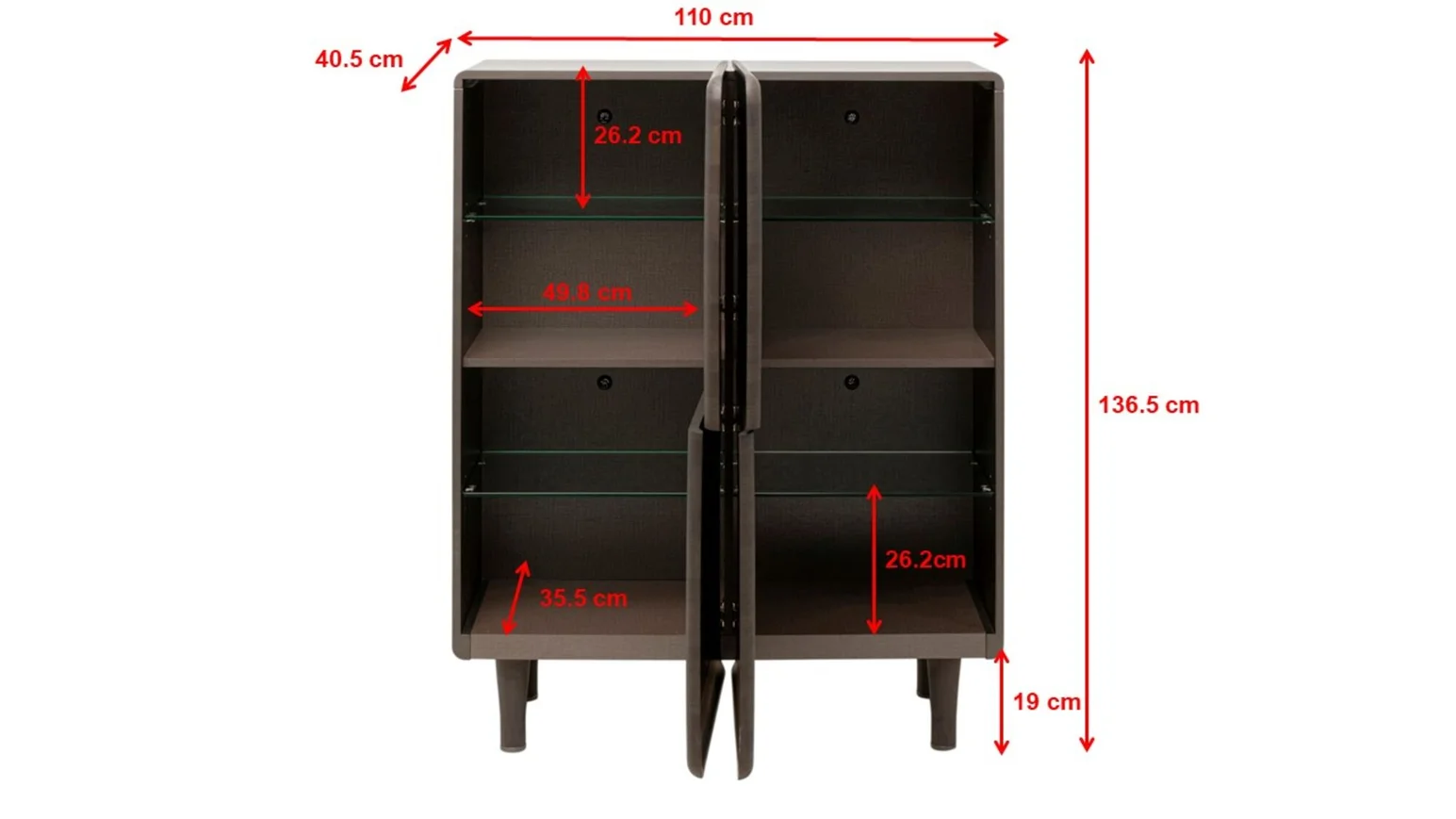 KOMODA Divine wysoka, 4-drzwiowa, szklane półki wewnątrz, ciemno brązowa kolorystyka, nowoczesny styl, wymiary