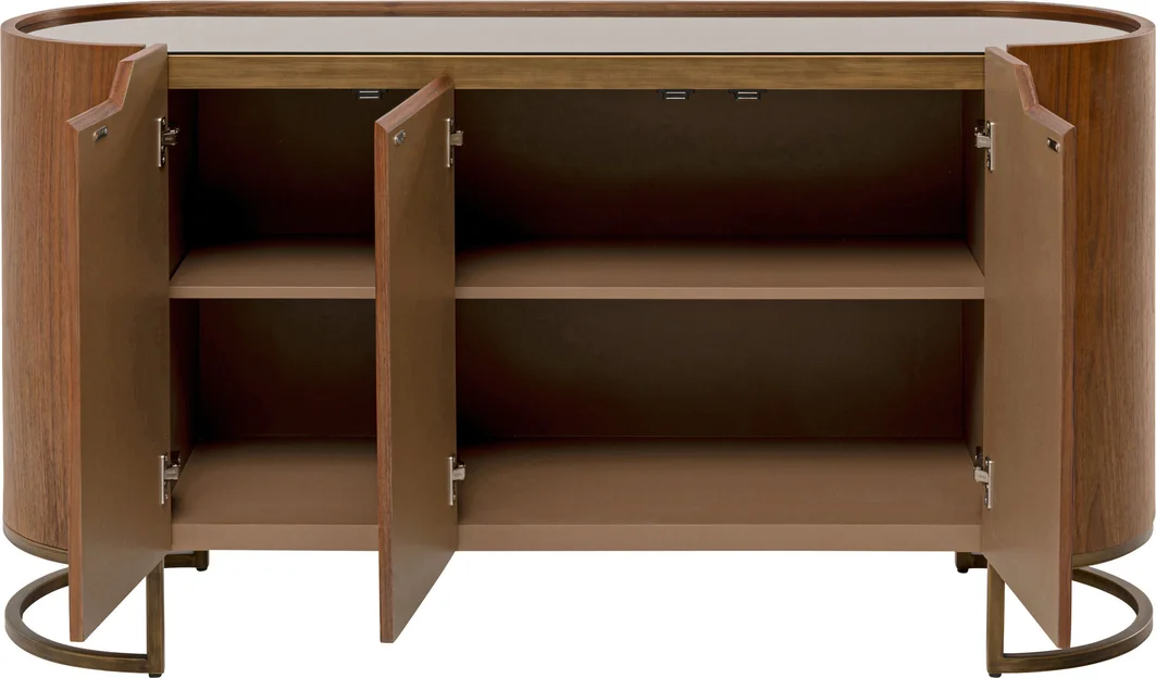 KOMODA Giorgio o zaokrąglonych bokach, brązowy kolor, pojemne szuflady, szklany blat, nowoczesny styl 145 cm, piękna