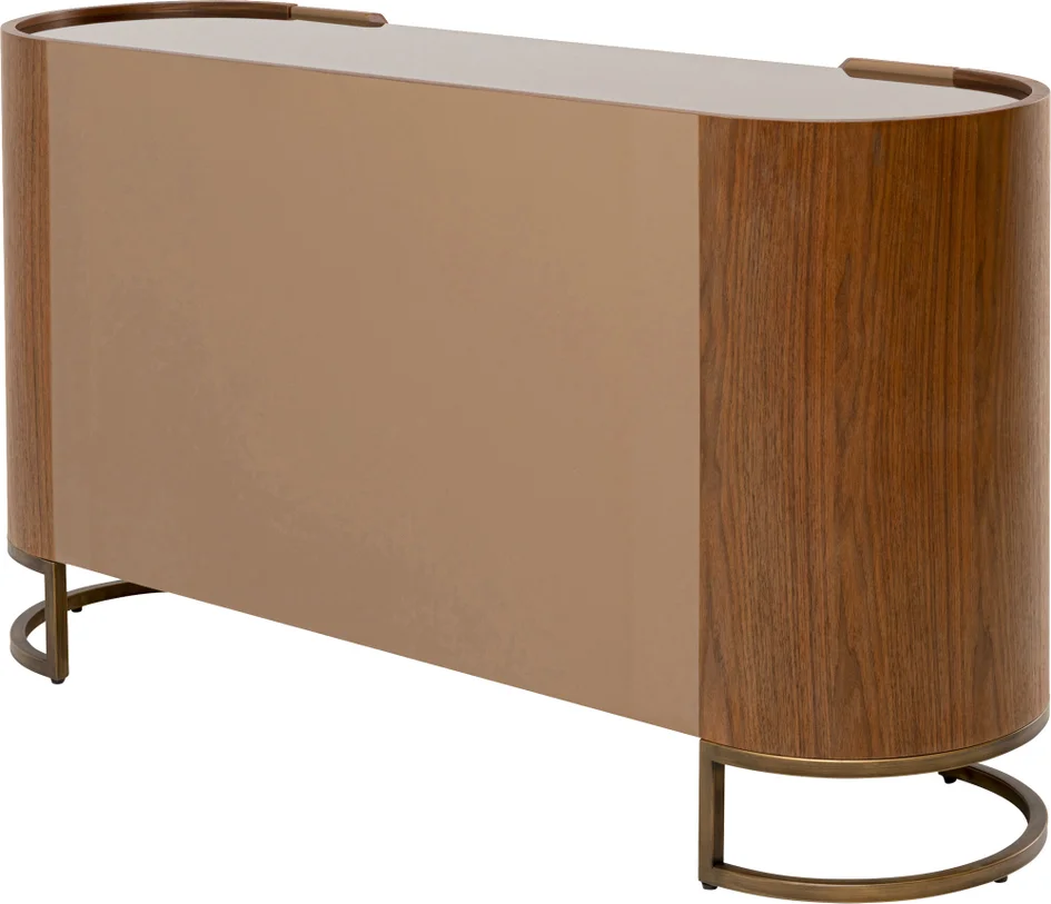 KOMODA Giorgio o zaokrąglonych bokach, brązowy kolor, pojemne szuflady, szklany blat, nowoczesny styl 145 cm, premium
