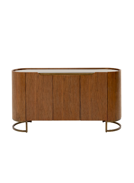 KOMODA Giorgio o zaokrąglonych bokach, brązowy kolor, pojemne szuflady, szklany blat, nowoczesny styl 145 cm