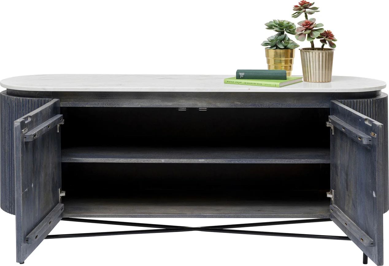 KOMODA Glenn podłużna, 2-drzwiowa, pojemne półki, a metalowych nogach z drewnianym, ryflowanym korpusem i biało-szarym marmurowym blatem, nowoczesna, do salonu KOMODA Glenn podłużna, 2-drzwiowa, pojemne półki, a metalowych nogach z drewnianym, ryflowanym korpusem i biało-szarym marmurowym blatem, nowoczesna, do salonu