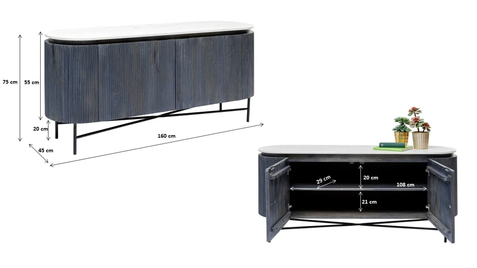 KOMODA Glenn podłużna, 2-drzwiowa, pojemne półki, a metalowych nogach z drewnianym, ryflowanym korpusem i biało-szarym marmurowym blatem, nowoczesna, wymiary KOMODA Glenn podłużna, 2-drzwiowa, pojemne półki, a metalowych nogach z drewnianym, ryflowanym korpusem i biało-szarym marmurowym blatem, nowoczesna, wymiary