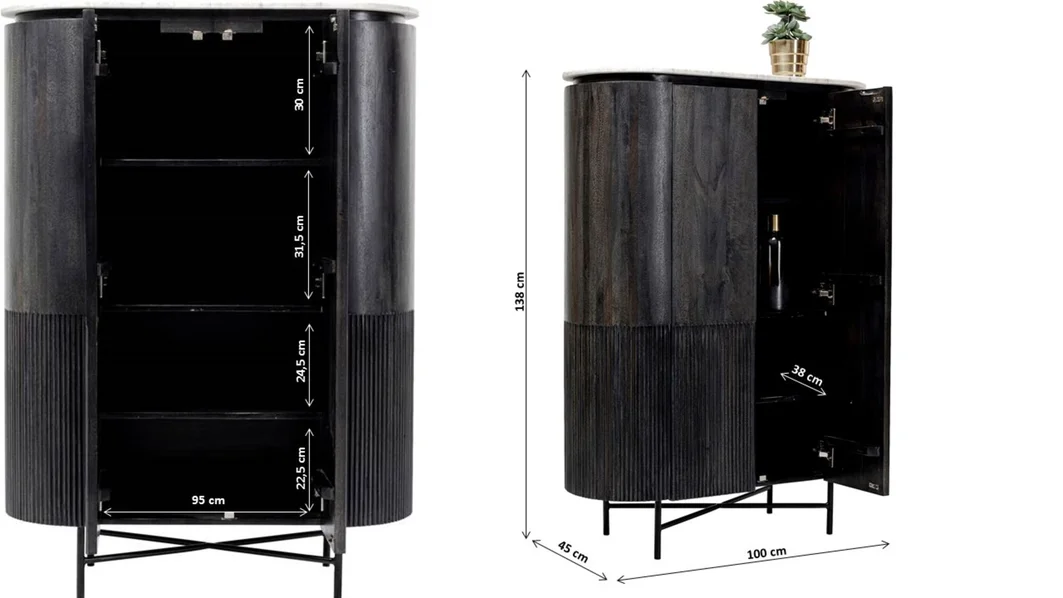 KOMODA Glenn wysoka, 2-drzwiowa, pojemne półki, a metalowych nogach z drewnianym, ryflowanym korpusem i biało-szarym marmurowym blatem, nowoczesna, wymiary KOMODA Glenn wysoka, 2-drzwiowa, pojemne półki, a metalowych nogach z drewnianym, ryflowanym korpusem i biało-szarym marmurowym blatem, nowoczesna, wymiary