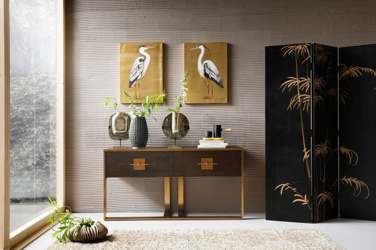 KONSOLA Osaka prostokątna, kolor orzechowy, dwie szuflady, metalowe nogi i uchwyty w kolorze mosiądzu, piękna KONSOLA Osaka prostokątna, kolor orzechowy, dwie szuflady, metalowe nogi i uchwyty w kolorze mosiądzu, piękna