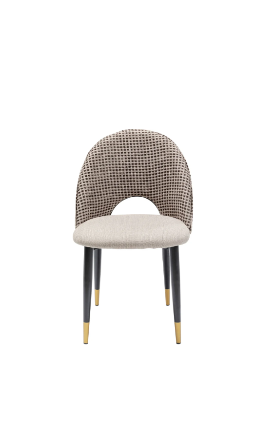 KRZESŁO Hudson o zaoblonych kształtach, oparcie obite tkaniną w pipetkę, jasnobeżowe siedzisko, czarno-złote nogi, loftowy styl KRZESŁO Hudson o zaoblonych kształtach, oparcie obite tkaniną w pipetkę, jasnobeżowe siedzisko, czarno-złote nogi, loftowy styl