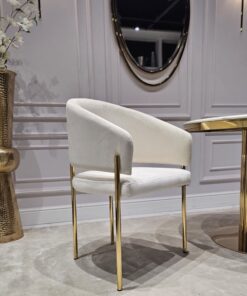KRZESŁO na metalowych nogach w kolorze błyszczącego złota, jasnobeżowa welurowa tkanina, nowoczesny styl