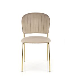 KRZESŁO na złotych, metalowych nogach, beżowa tapicerka, pionowe przeszycia na oparciu, nowoczesny styl, ekskluzywne