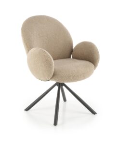 KRZESŁO obrotowe z podłokietnikami na czarnych, metalowych nogach, przyjemna tapicerka, obłe kształty, designerski styl, cappucino