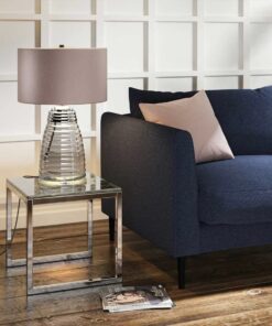 LAMPA STOŁOWA Milne z 2 źródłami światła, szary, okrągły abażur, szklana podstawa z poziomym żłobieniem, niklowany detal, nowoczesny styl, do salonu