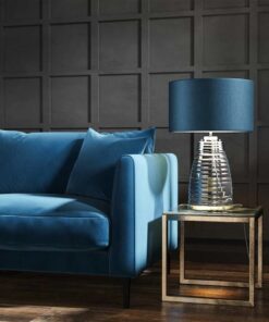 LAMPA STOŁOWA Milne z 2 źródłami światła, turkusowy, okrągły abażur, szklana podstawa z poziomym żłobieniem, niklowany detal, nowoczesny styl, do salonu