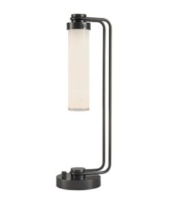 LAMPA STOŁOWA Wynwood z jednym źródłem światła, metalowa podstawa w kolorze miejskiego brązu, mleczny, podłużny klosz