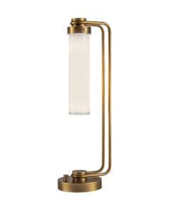 LAMPA STOŁOWA Wynwood z jednym źródłem światła, metalowa podstawa w kolorze vintage mosiądzu, mleczny, podłużny klosz