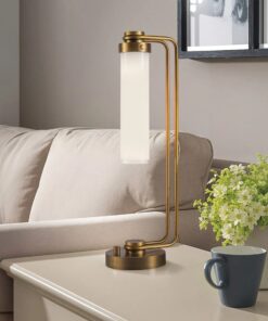 LAMPA STOŁOWA Wynwood z jednym źródłem światła, metalowa podstawa w kolorze vintage mosiądzu, mleczny, podłużny klosz, do salonu