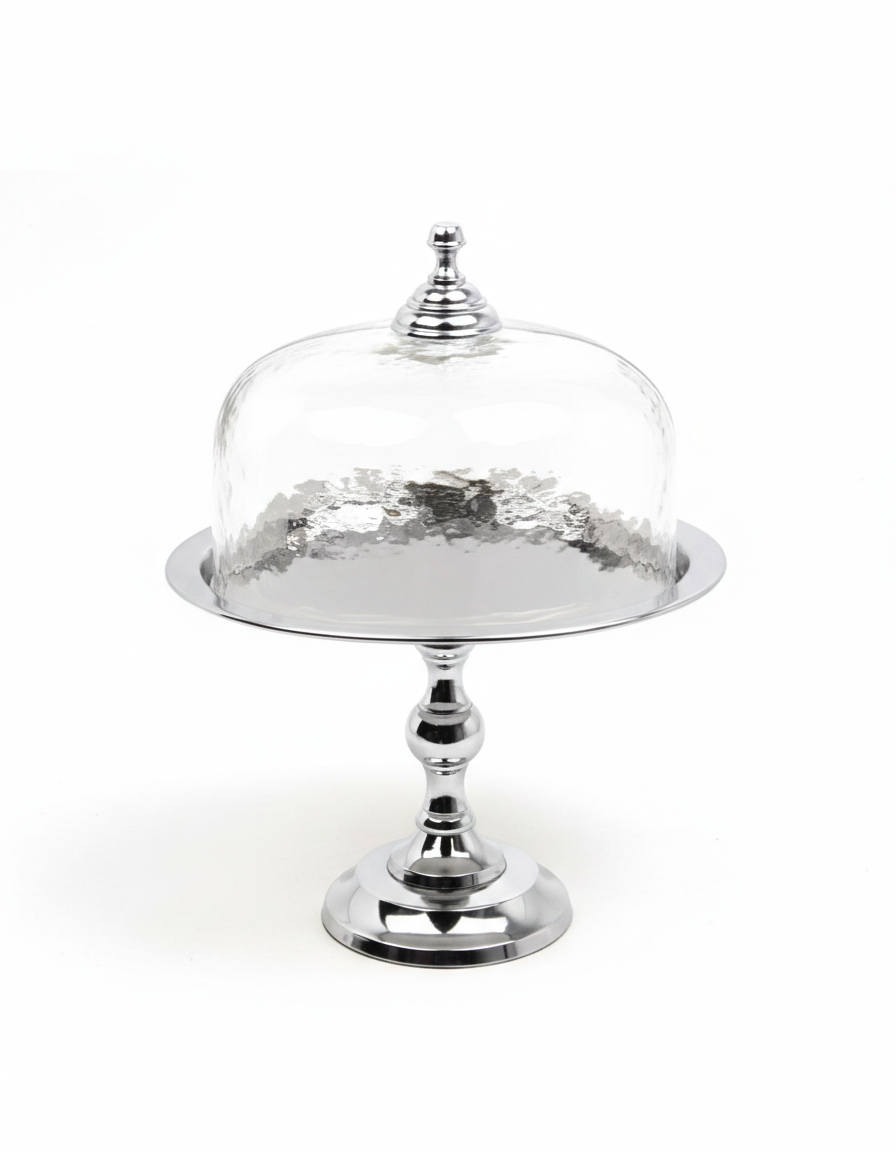 PATERA srebrna z osłonką z młotkowanego szkła, metalowa podstawa oraz uchwyt, klasyczny styl