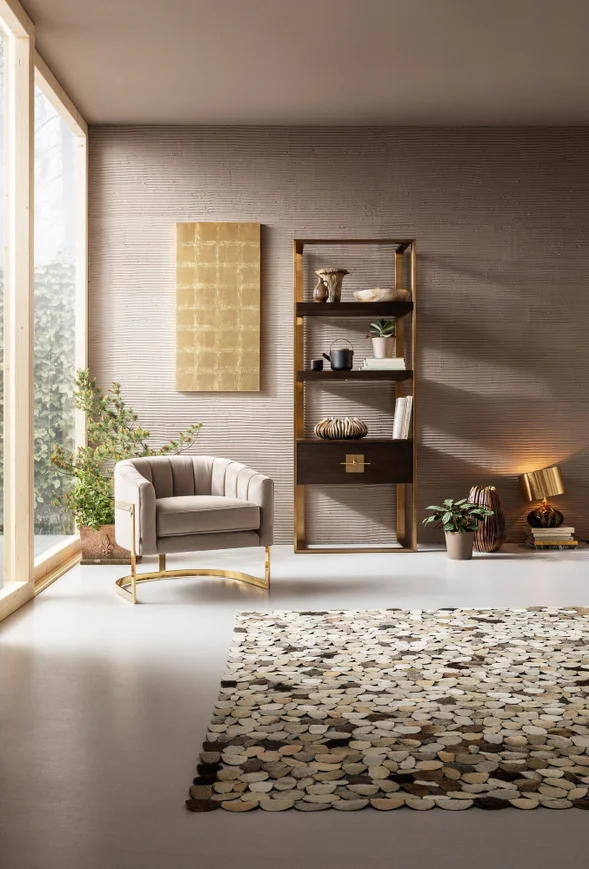 REGAŁ Osaka wysoki, prostokątny, kolor orzechowy, jedna szuflada, trzy półki, metalowy stelaż w kolorze mosiądzu, premium REGAŁ Osaka wysoki, prostokątny, kolor orzechowy, jedna szuflada, trzy półki, metalowy stelaż w kolorze mosiądzu, premium