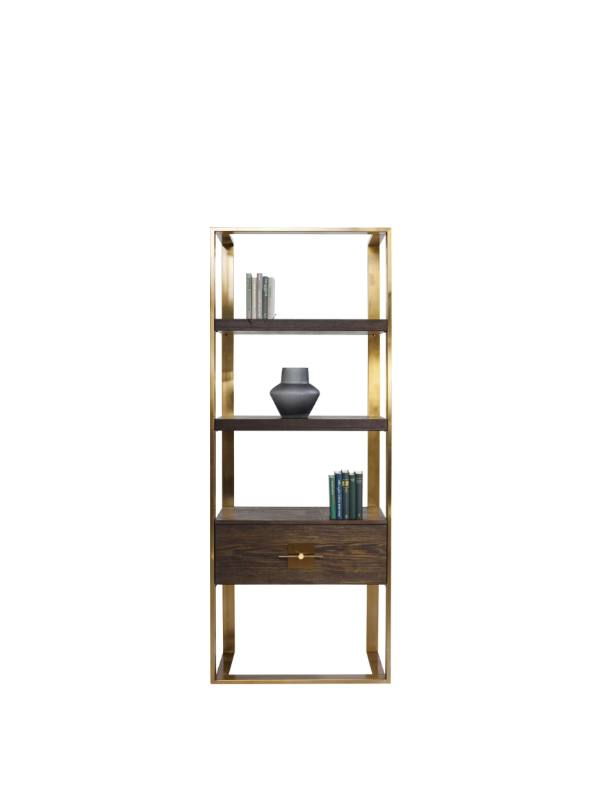 REGAŁ Osaka wysoki, prostokątny, kolor orzechowy, jedna szuflada, trzy półki, metalowy stelaż w kolorze mosiądzu REGAŁ Osaka wysoki, prostokątny, kolor orzechowy, jedna szuflada, trzy półki, metalowy stelaż w kolorze mosiądzu