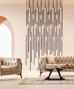 SOFA 2-osobowa welurowa tapicerka w kolorze taupe, czarne stalowe nogi, eleganckie pikowania, klasyczny styl, piękna