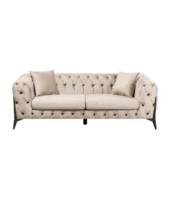 SOFA 2-osobowa welurowa tapicerka w kolorze taupe, czarne stalowe nogi, eleganckie pikowania, klasyczny styl