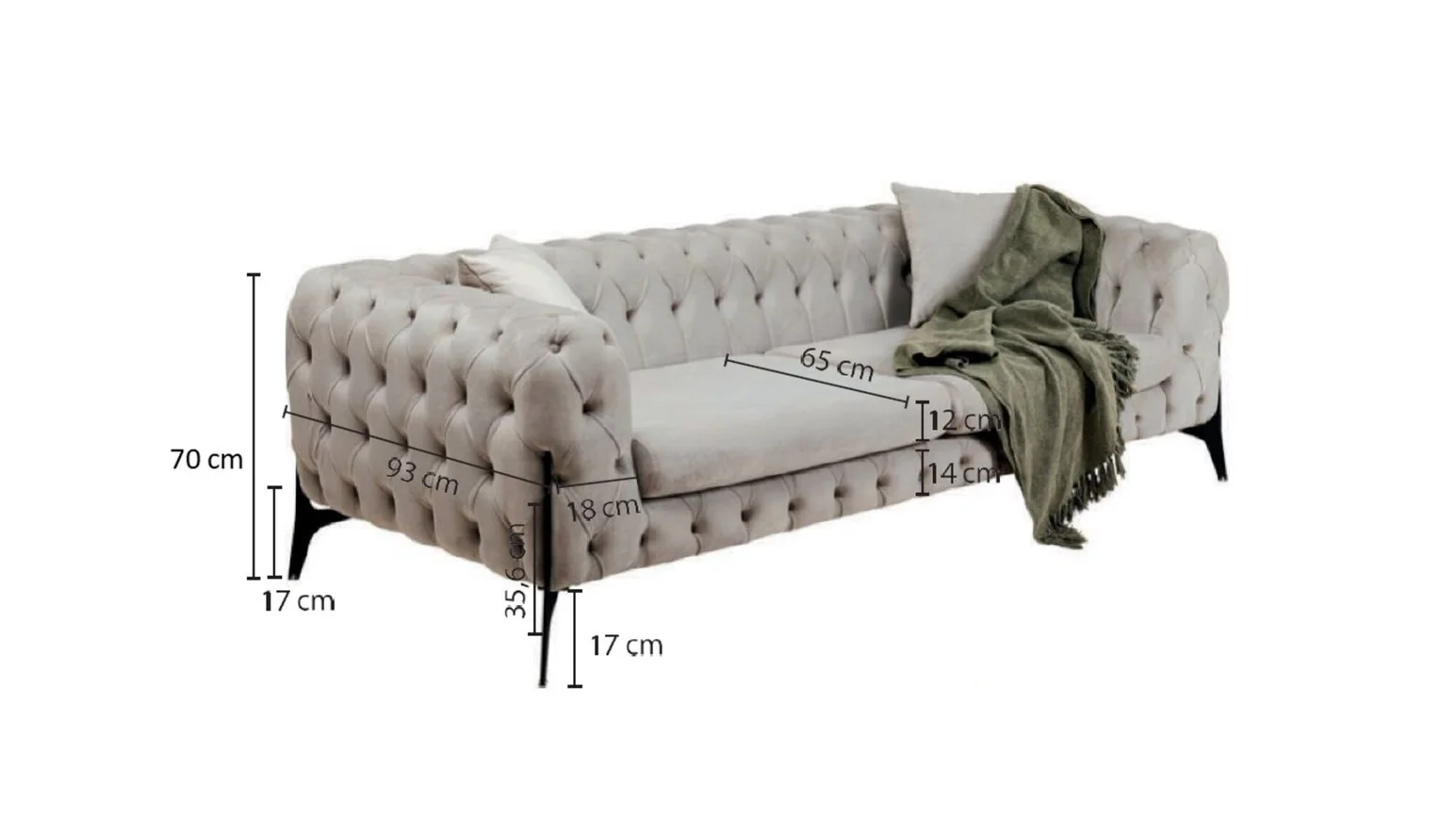 SOFA 2-osobowa welurowa tapicerka w kolorze taupe, czarne stalowe nogi, eleganckie pikowania, klasyczny styl, wymiary