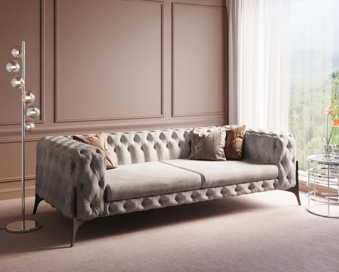 SOFA 3-osobowa welurowa tapicerka w kolorze taupe, czarne stalowe nogi, eleganckie pikowania, klasyczny styl, piękna SOFA 3-osobowa welurowa tapicerka w kolorze taupe, czarne stalowe nogi, eleganckie pikowania, klasyczny styl, piękna