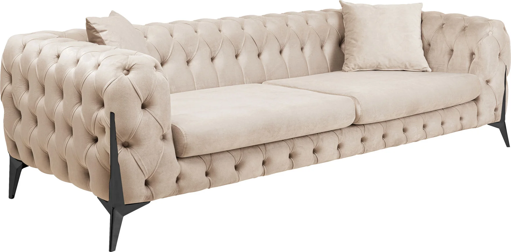 SOFA 3-osobowa welurowa tapicerka w kolorze taupe, czarne stalowe nogi, eleganckie pikowania, klasyczny styl, premium SOFA 3-osobowa welurowa tapicerka w kolorze taupe, czarne stalowe nogi, eleganckie pikowania, klasyczny styl, premium