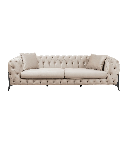 SOFA 3-osobowa welurowa tapicerka w kolorze taupe, czarne stalowe nogi, eleganckie pikowania, klasyczny styl SOFA 3-osobowa welurowa tapicerka w kolorze taupe, czarne stalowe nogi, eleganckie pikowania, klasyczny styl