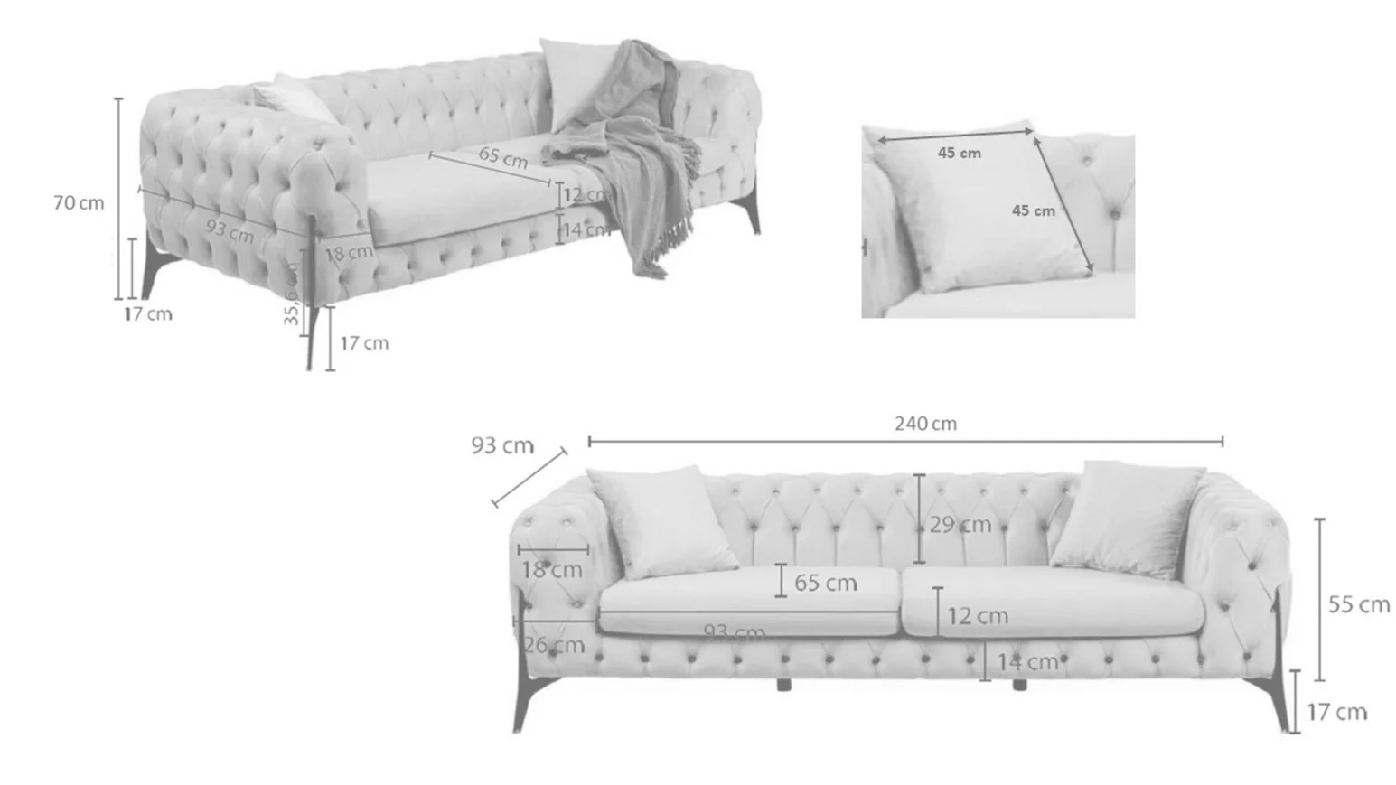 SOFA 3-osobowa welurowa tapicerka w kolorze taupe, czarne stalowe nogi, eleganckie pikowania, klasyczny styl, wymiary SOFA 3-osobowa welurowa tapicerka w kolorze taupe, czarne stalowe nogi, eleganckie pikowania, klasyczny styl, wymiary