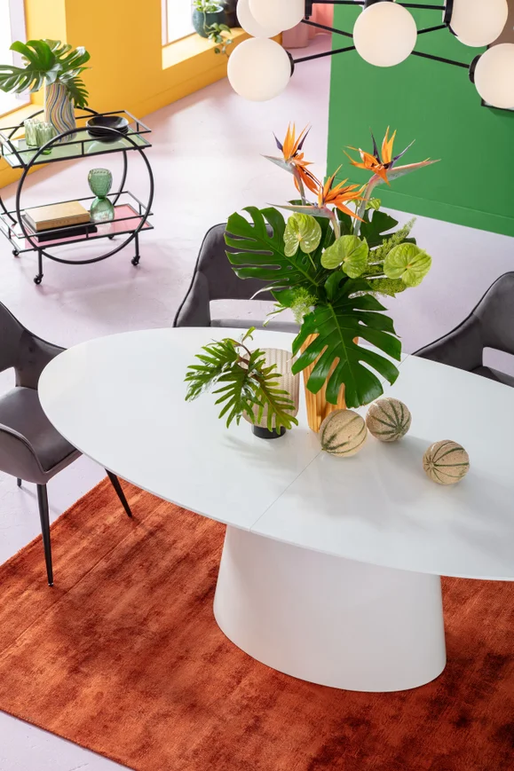 STÓŁ JADALNIANY Benvenuto rozkładany, biała podstawa i blat z forniru, połyskujące wykończenie, owalny, ekskluzywny STÓŁ JADALNIANY Benvenuto rozkładany, biała podstawa i blat z forniru, połyskujące wykończenie, owalny, ekskluzywny