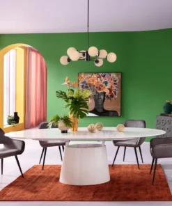 STÓŁ JADALNIANY Benvenuto rozkładany, biała podstawa i blat z forniru, połyskujące wykończenie, owalny, piękny