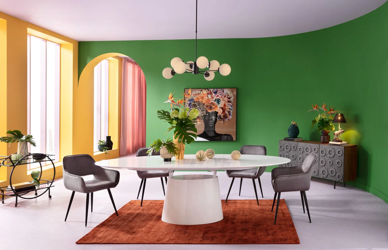 STÓŁ JADALNIANY Benvenuto rozkładany, biała podstawa i blat z forniru, połyskujące wykończenie, owalny, piękny STÓŁ JADALNIANY Benvenuto rozkładany, biała podstawa i blat z forniru, połyskujące wykończenie, owalny, piękny