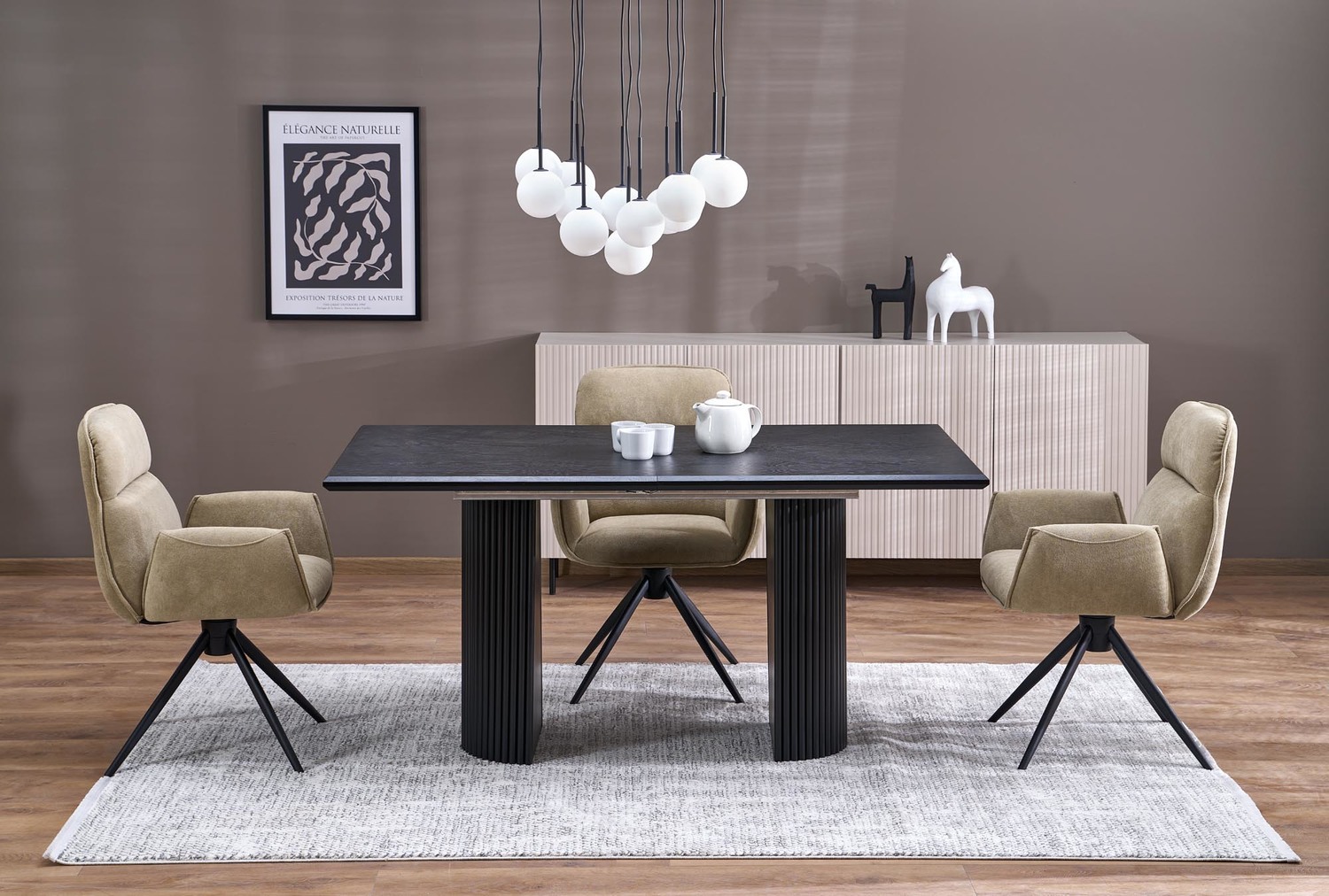 STÓŁ JADALNIANY Bolero prostokątny, rozkładany blat z MDF-u na dwóch półkolistych, ryflowanych nogach, nowoczesny minimalizm, piękny