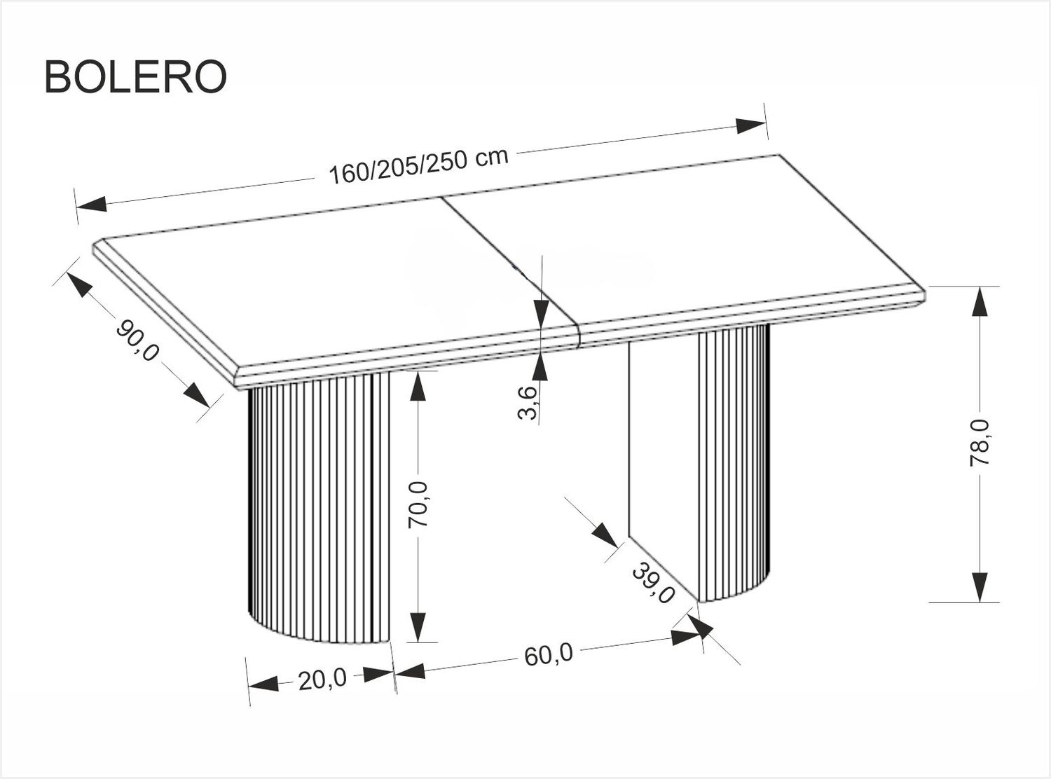 STÓŁ JADALNIANY Bolero prostokątny, rozkładany blat z MDF-u na dwóch półkolistych, ryflowanych nogach, nowoczesny minimalizm, wymiary