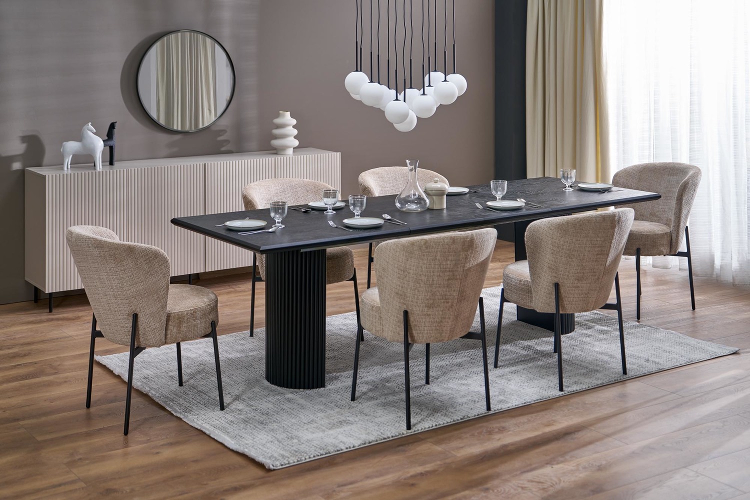 STÓŁ JADALNIANY Bolero prostokątny, rozkładany blat z MDF-u na dwóch półkolistych, ryflowanych nogach, nowoczesny minimalizm