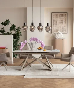 STÓŁ JADALNIANY Nelly Greige rozkładany, szaro-beżowy nogi, blat szklany imitujący marmur, nowoczesny styl, do jadalni