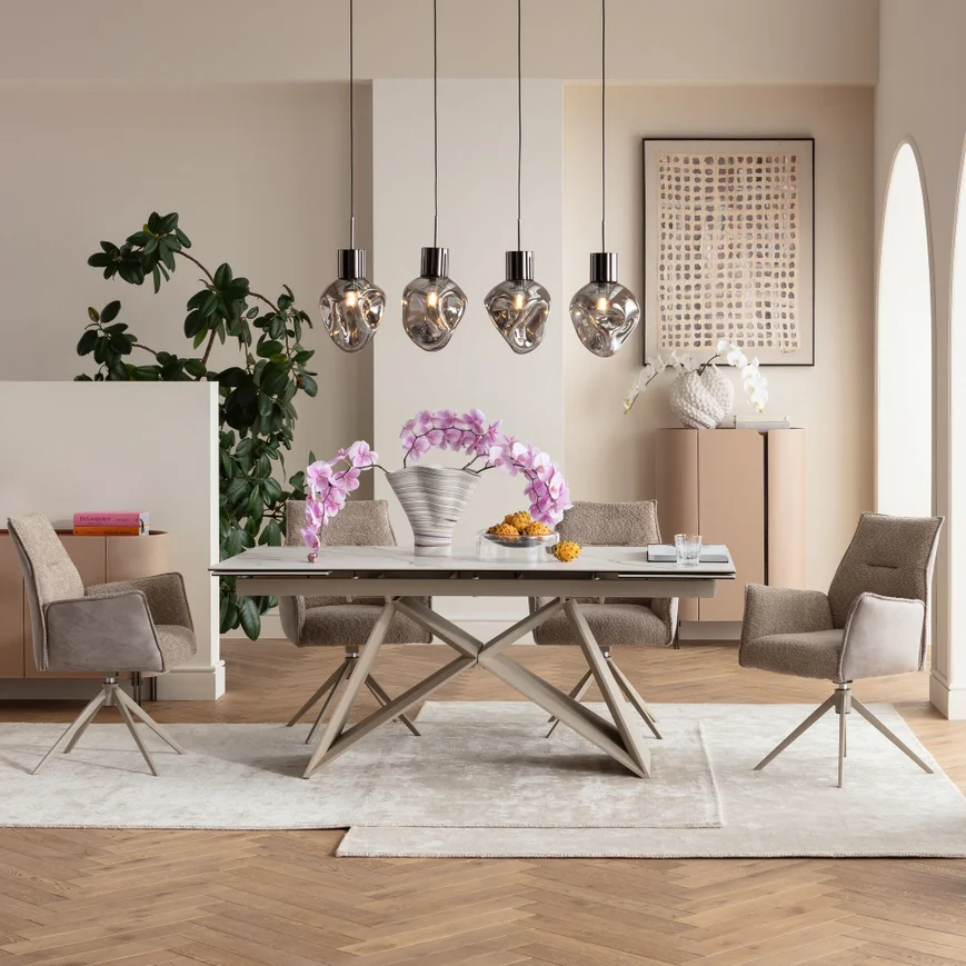 STÓŁ JADALNIANY Nelly Greige rozkładany, szaro-beżowy nogi, blat szklany imitujący marmur, nowoczesny styl, do jadalni STÓŁ JADALNIANY Nelly Greige rozkładany, szaro-beżowy nogi, blat szklany imitujący marmur, nowoczesny styl, do jadalni