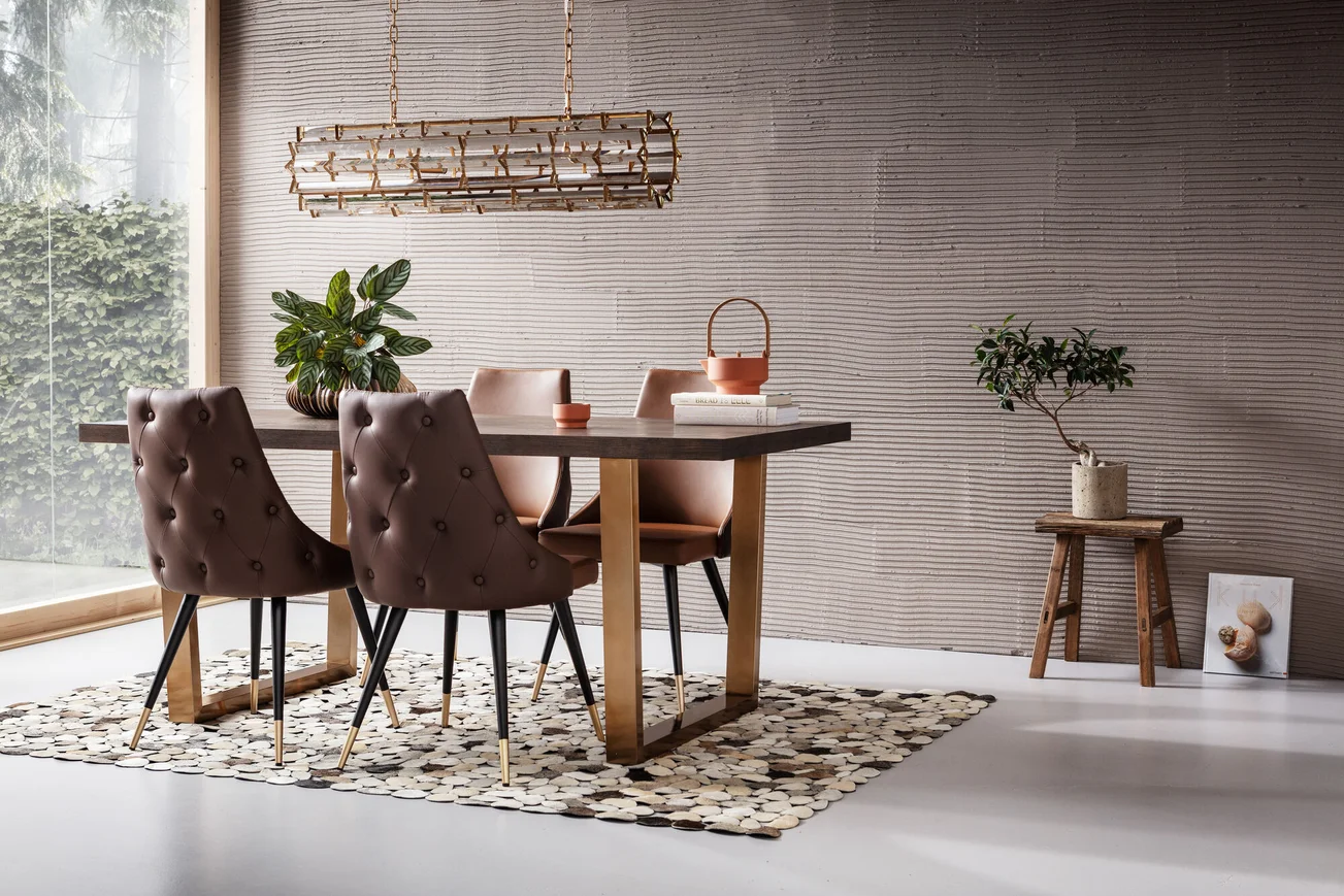 STÓŁ JADALNIANY Osaka prostokątny, metalowe nogi w mosiężnym kolorze, blat w kolorze orzechowym, piękny STÓŁ JADALNIANY Osaka prostokątny, metalowe nogi w mosiężnym kolorze, blat w kolorze orzechowym, piękny