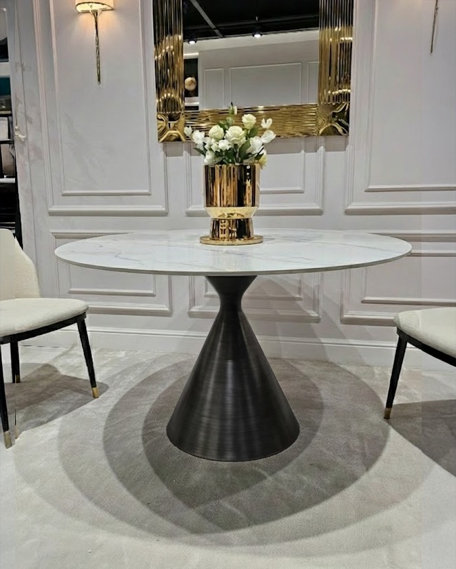 STÓŁ JADALNIANY Verona na podstawie w kształcie klepsydry w czarnym kolorze, biały blat, nowoczesny styl