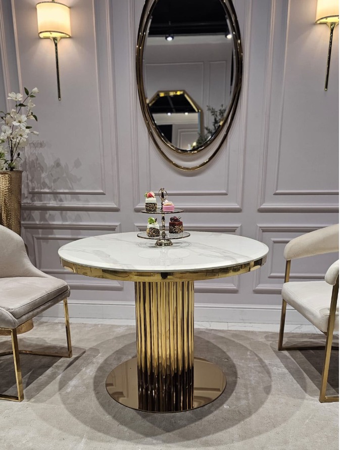 STÓŁ JADALNIANY okrągły Riviera, podstawa ze stali błyszczącej w kształcie rurek, biały blat z konglomeratu (możliwość zmiany blatu) - 100 cm, ekskluzywny