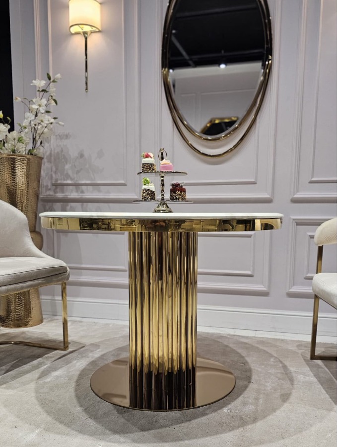 STÓŁ JADALNIANY okrągły Riviera, podstawa ze stali błyszczącej w kształcie rurek, biały blat z konglomeratu (możliwość zmiany blatu) - 100 cm, piękny